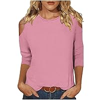 Womens Tops 3/4 Sleeve Cold Shoulder Sexy Shirts Casual Crewneck Plain T Shirts Three Quarter Length Tunic Top Tshirts