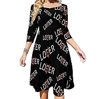 Loser Lover Midi Dresses for Women Tie Flared A-Line Swing 3/4 Sleeves Cute Sundress