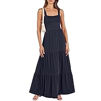 Summer Dresses for Women 2024 Sundresses for Women 2024 Solid Color Classic Simple Sexy Backless Loose with Sleeveless Ruched Dresses Navy Large