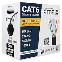 Cmple - Cat 6 Cable 1000ft, 23 AWG Bare Copper Wire CMR Riser Cat6 Ethernet Cable, (UTP) Unshielded Twisted Pair, Gigabit Ethernet Cord, 550Mhz, PoE++, Reelex Box - Black