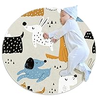 Baby Rug Gray Yellow White Dog Kids Round Play Mat Infant Crawling Mat Floor Playmats Washable Game Blanket Tummy Time Baby Play Mat 27.6x27.6 inches