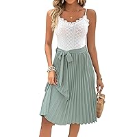 Women Summer Dresses 2023 Two Tone Guipure Lace Panel Pleated Hem Belted Cami Dress with Knee Length