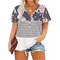 RITERA Plus Size Tops for Women 3XL Colorblock Shirt Short Sleeve Tunics Tops Striped Tshirt Button Dowm Casual Tee Summer Blouses Grey Floral 3XL