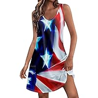 Dresses for Women V Neck Sleeveless Summer Dresses American Flag Print Midi Dresses 4th of July Casual Sundress