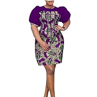 African Dresses for Lady Short Puff Sleeve Ankara Patchwork Knee-Length Dress