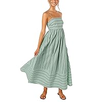 chouyatou Women's Striped Back Smocked Maxi Dress Sexy Spaghetti Strap Cut Out Flowy Swing Long Dress