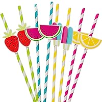 Unique Vibrant Fruit Decal Striped Paper Straws - Colorful Party Essential - Perfect for Summer Beverages & Events - 8ct