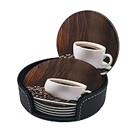 Coffee Cup and Coffee Beans Print Coaster,Round Leather Coasters with Storage Box for Wine Mugs,Cold Drinks and Cups Tabletop Protection (6 Piece)