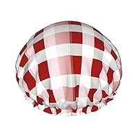 Red Checkered White Squares Print Large Shower Caps,Elastic Band Hair Cap,Double Waterproof Layers Bath Hair Hat,For Women Men Kids