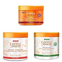 Cantu Coconut Curling Cream with Shea Butter for Natural Hair, 12 oz & Grow Strong Strengthening Treatment with Shea Butter, 6 oz & Leave-In Conditioning Repair Cream with Argan Oil, 16 oz