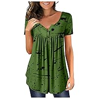 Womens Tops,Short Sleeve Sexy V-Neck Plus Size Tunic Top Summer Button Printed Shirt Casual Trendy Tees Blouse