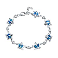 Nautical Aquatic Tropical Beach Vacation Iridescent Pink Or Blue Created Opal Inlay Sea Tortoise CZ Accent Heart Multi Charm Turtles Bracelet For Women Teen .925 Sterling Silver