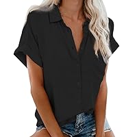 Womens Short Sleeve Button Down Shirts V Neck Blouse Shirts Casual Loose Collared Tops with Pockets Black