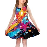Girls Dresses Paint Splatter Printed Sleeveless Summer Casual Beach Sundress with Pocket 2-14 Years