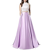 Women's Satin Prom Dress with Pockets 2 Pieces Long Formal Evening Gowns