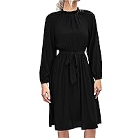 Women's Ruffle Belted A-Line Flowy Maxi Dresses Casual Raglan Sleeve Lace Up Dress Classic Solid Color Swing Dress