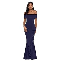 Betsy & Adam Women's Long Off Shoulder Cascade Ruffle Stetch Scuba Crepe Gown