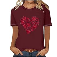 Heart Print T-Shirt Women Valentine's Day Graphic Tops Casual Round Neck Tee Loose Cozy Shirts for Mother's Day
