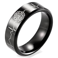 Men's 8mm Black Beveled Tungsten Ring with Engraved Firefighter Shield and EKG