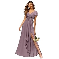 Aline Chiffon Corset Wisteria Bridesmaid Dress with Sleeves Ruched Twist Formal Dress Slit Evening Gown Size 14