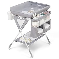 Portable Baby Changing Table, Babevy Foldable Diaper Change Table with Wheels, Adjustable Height, Cleaning Bucket, Changing Station for Infant Mobile Nursery Organizer for Newborn, Light Grey