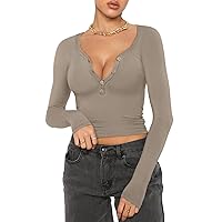 REORIA Women Sexy Long Sleeve Henley T Shirts V Neck Button up Casual Basic Y2K Slim Fitted Ribbed Knit Crop Tops