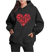 Valentine's Day Sweatshirt Women Leopard Love Heart Graphic Tees Drawstring Hoodies Long Sleeve Pullover Tops with Pocket