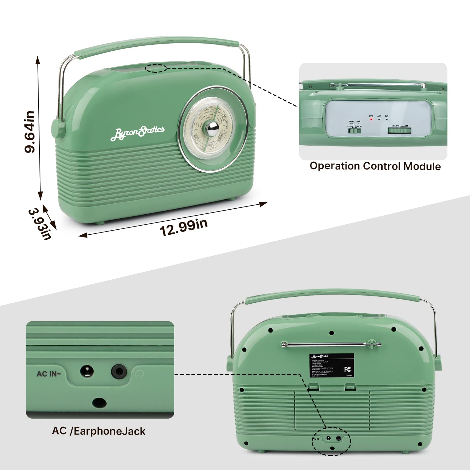 ByronStatics Radios,Teal AM/FM Radio,Blutooth Speaker,Portable Large Handle,AC 120V Power Adaptor Or Battery Operated,Large Dial Easy to Use,Tuning Knob,Telescopic Antenna,Headphone Jack