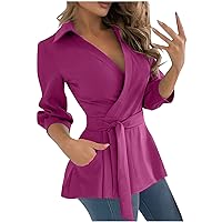 Women's Peplum Tops Wrap V Neck 3/4 Sleeve Work Business Blouse Dressy Casual Shirts Sexy Belted Tunic with Pocket
