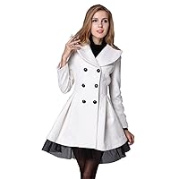 Woman Slim Fit Double Breasted Lapel Trench Wool Coat Jacket (L(US S), White)