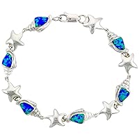 Sterling Silver Synthetic Opal Conch & Starfish Bracelet Women 7 1/4 inch Long