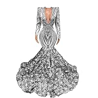 Long Sleeve V Neck Mermaid Sequined Organza Prom Evening Shower Party Dress Pageant Celebrity Gown