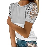 Womens Classy Summer Tops Lace Short Sleeve Blouses Crewneck Casual Shirts 2024 Trendy Patchwork Tunic Tee Top