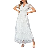 Miessial Women's V-Neck Lace Floral Long Dress Embroidery Cocktail Wedding Guest Boho Maxi Dress
