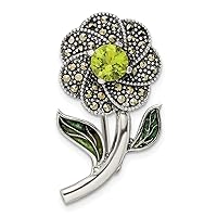 Sterling Silver Antiqued Enamel Marcasite and Green Glass Stone Flower Pin 31 x 16 mm