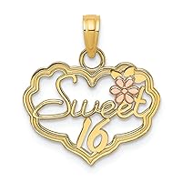 14k Two-tone Gold Sweet 16 in Scallop Heart with Pink Flower Charm