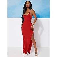Dresses for Women - Tied Open Back High Split Bodycon Dress (Color : Red, Size : Large)