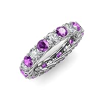 Round Amethyst and Natural Diamond 3.80 ctw Gallery Eternity Band in 14K Gold