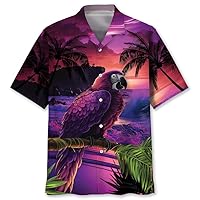 Colorful Parrot Pattern Hawaiian Shirt, Tropical Bird and Flower Parrot Big & Tall Sizes Button Down Short Sleeve Shirt