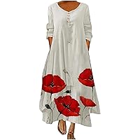 Women Irregular Hem Button Down V Neck Baggy Dress Long Sleeve High Waist Fashion Flower Print Casual A-Line Dresses