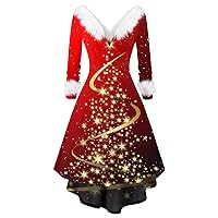 Women's Christmas Party Dress Fashion V-Neck Casual Fit Print Long Sleeve Dress Girls, S-5XL