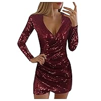 Women's Sexy Deep Wrap V Neck Long Sleeve Stretchy Sparkle Glitter Glitzy Glam Sequin Ruched Bodycon Dress Mini Flapper