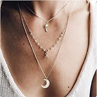 DoubleNine Boho Layered Necklace Crescent Pendant Charm Jewelry Retro Accessories for Women Girls