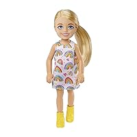 Chelsea Doll (Blonde) Wearing Rainbow-Print Dress and Yellow Shoes, Toy for Kids Ages 3 Years Old & Up