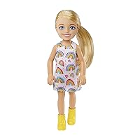 Barbie Chelsea Doll (Blonde) Wearing Rainbow-Print Dress and Yellow Shoes, Toy for Kids Ages 3 Years Old & Up