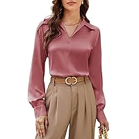 GRACE KARIN Women's Satin Silk Blouse Lapel V Neck Long Sleeve Casual Work Blouse Shirts Pullover Tops