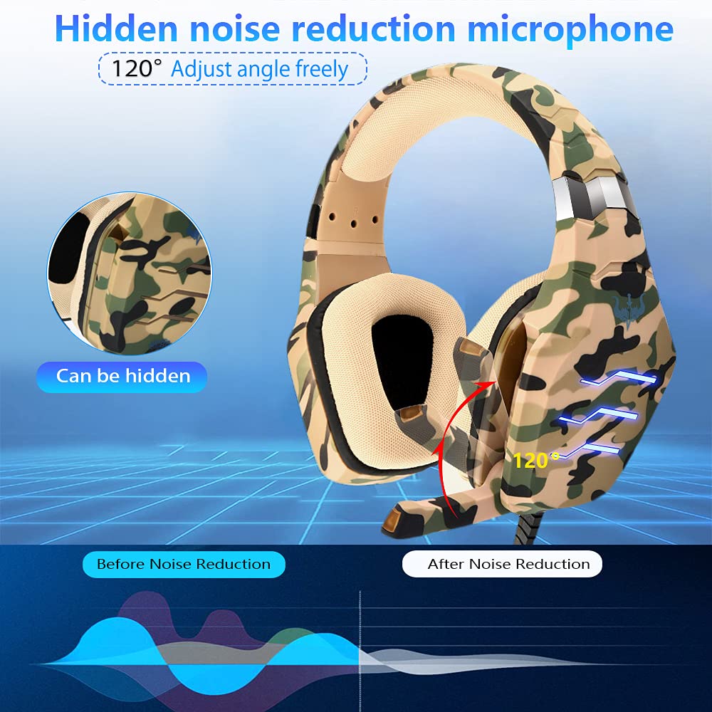 OVLENG Camouflage Gaming Headset with Microphone,PS4 Headset with Noise Canceling Mic & LED Light,Stereo Surround Gaming Headphones for PS4/PC/Nintendo Switch/Xbox One