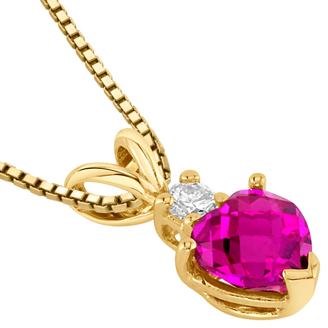 Peora Created Ruby with Genuine Diamond Pendant in 14 Karat Yellow Gold, Heart Shape Solitaire, 6mm, 1 Carat total