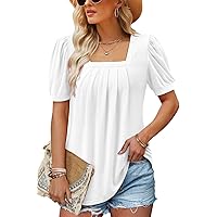 BETTE BOUTIK Womens Summer Tops Pleated Short Sleeve Square Neck Tunics Blouses Shirts