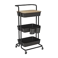 3 Tier Rolling Cart Uility Cart with Cover Board, Mobile Storage Cart with Wheels, Cups, Hooks for Office Utility Kitchen Bathroom Homeschool Art Craft Postpartum Teacher Cart Organizer(Black)